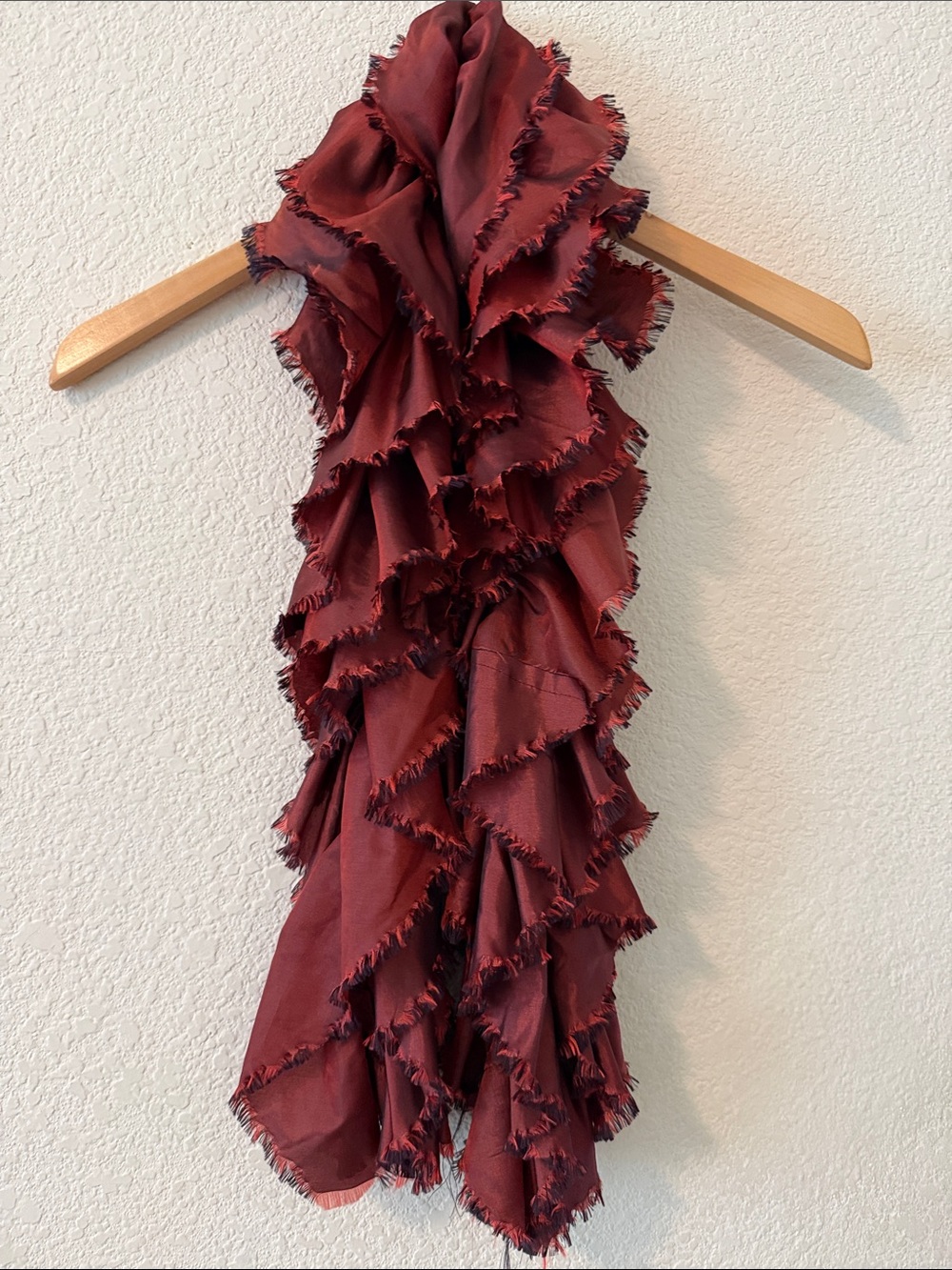 Iridescent 50” Flutter Scarf w/Wispy Trim Detail, Rusty Burgundy